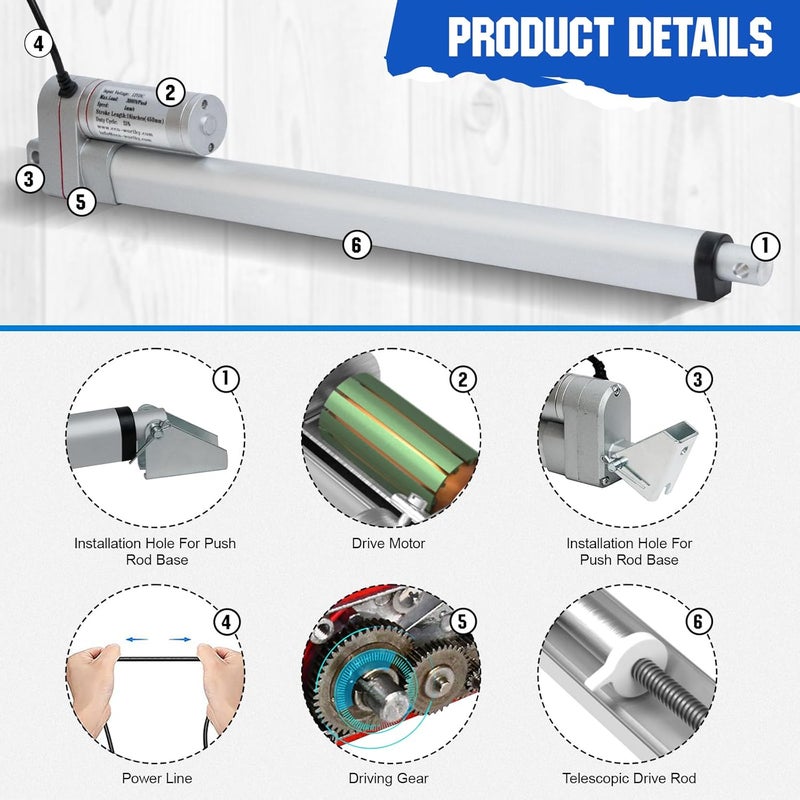 ECO-WORTHY Linear Actuator Heavy Duty 3000N/660lbs with Mounting Brackets Multi-Function (12V, 12") - Image 4